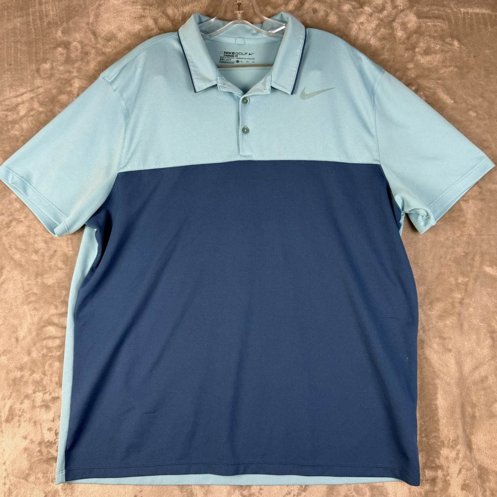 Nike Golf Dri Fit Mens Polo Shirt Light Blue Navy Color Block Standard‎ Fit XL
